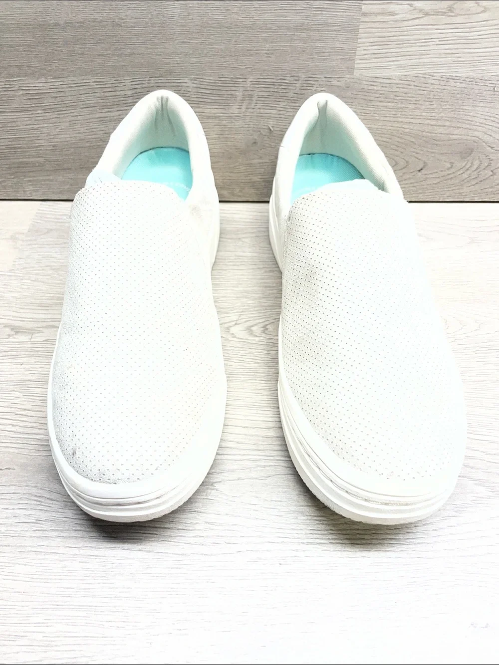 Dr. Scholl's White Perforated Slip-On Sneakers with Light Blue Insole #1065